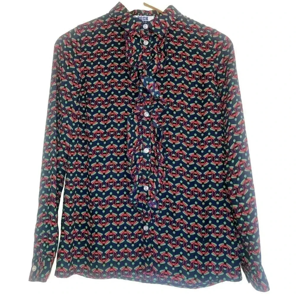 Nik & Nik Ruffle front Geometric Print Blouse Navy Green Red GIRLS 14-16